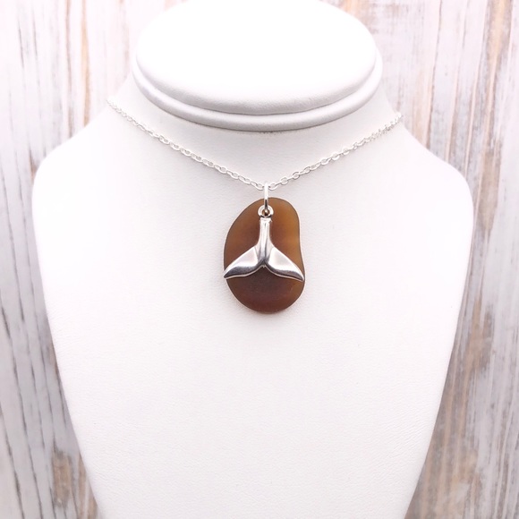 Artisan Jewelry - Genuine Brown Sea Glass Whale Tail Necklace| Whale Tail Jewelry